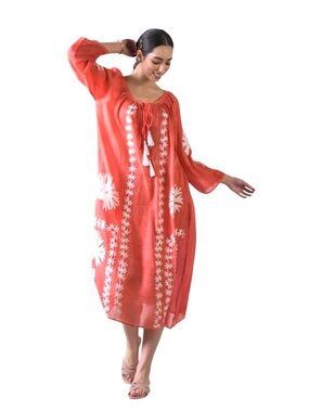 Rhea Coral Embroidered Long Dress OS